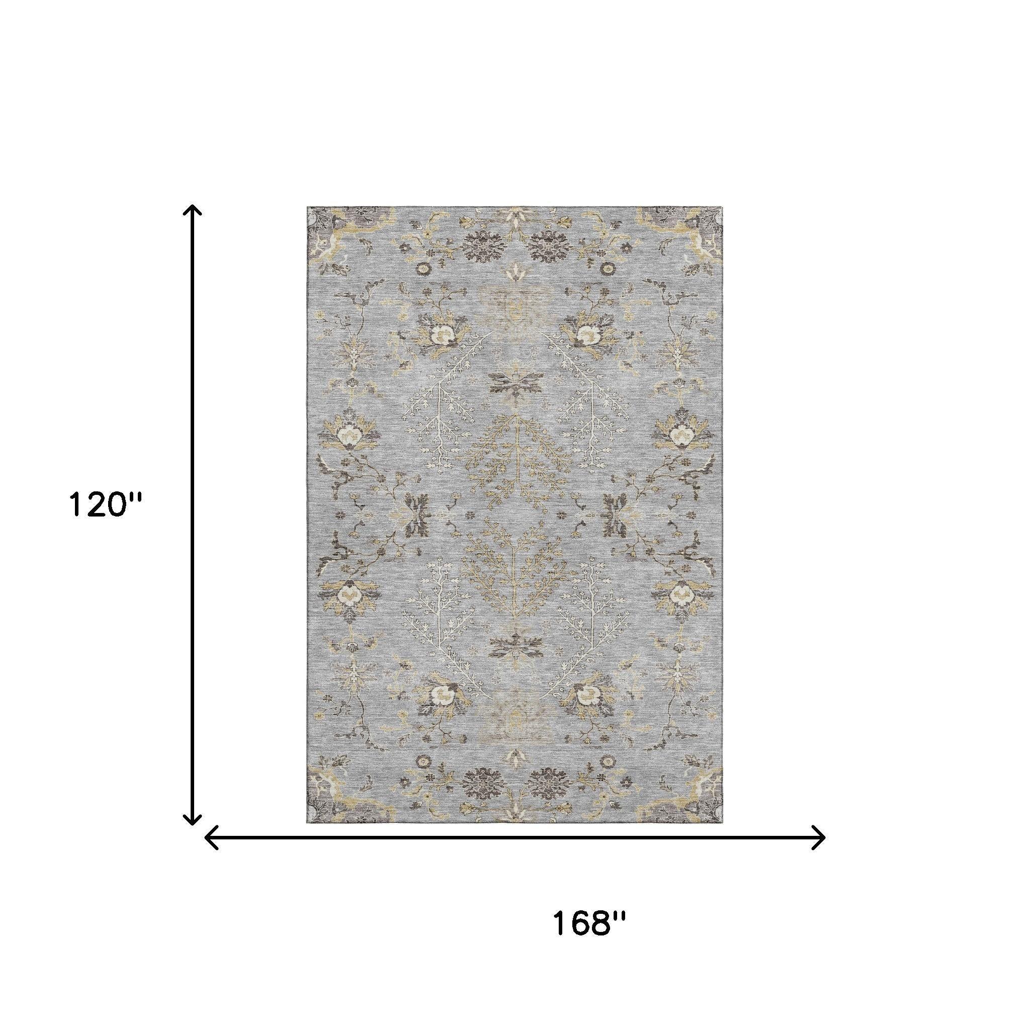 10' X 14' Gray Ivory And Gold Floral Washable Area Rug With UV Protection - Home & Garden