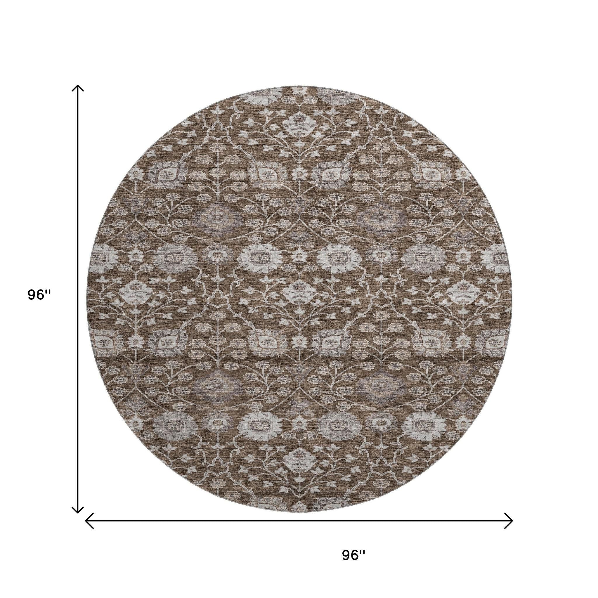 8' Chocolate Beige And Gray Floral Washable Round Rug With UV Protection - Home & Garden