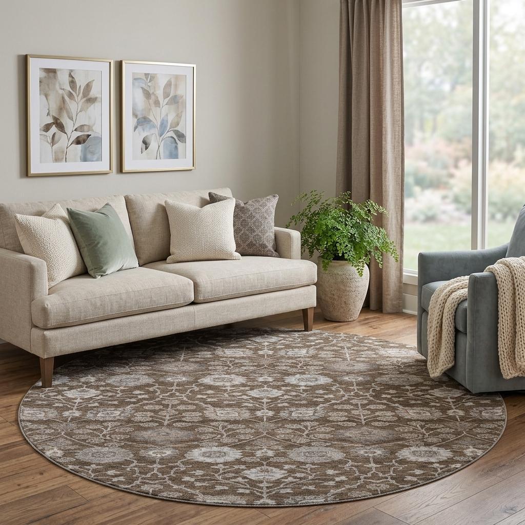 8' Chocolate Beige And Gray Floral Washable Round Rug With UV Protection - Home & Garden