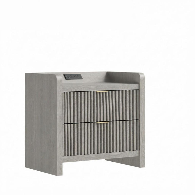 Gray wood nightstand with two drawers and top charging panel