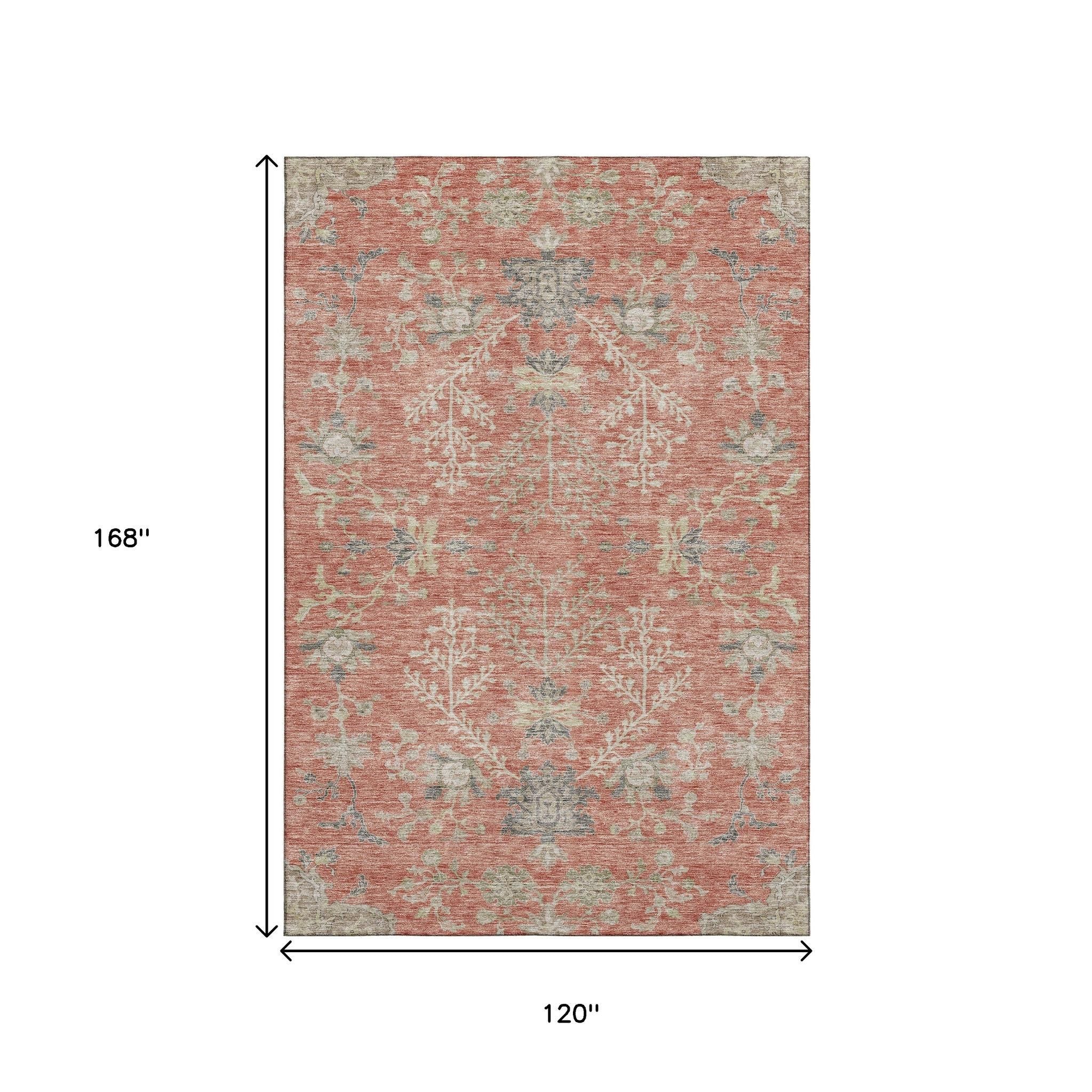 10' X 14' Coral Beige And Taupe Floral Washable Area Rug With UV Protection - Home & Garden