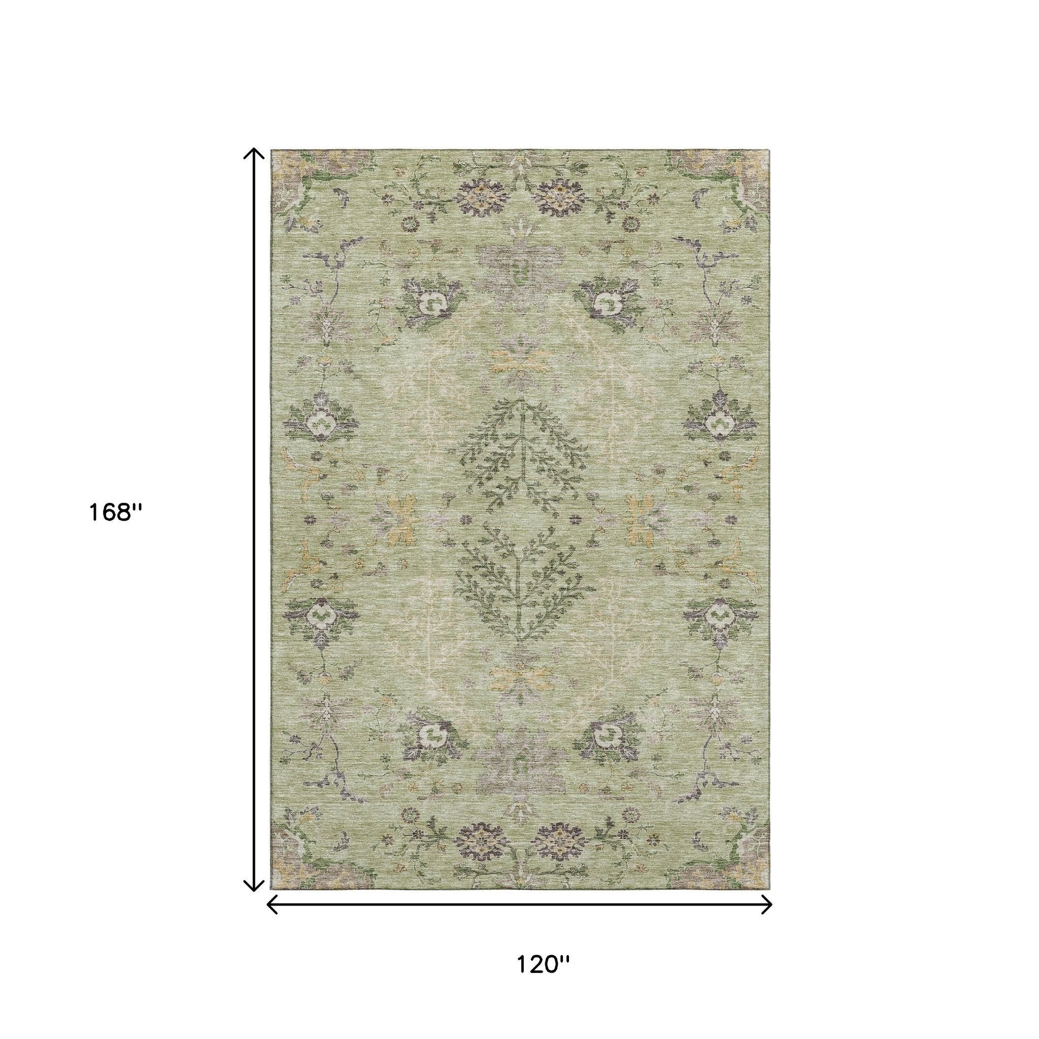 10' X 14' Artichoke Green Gold And Beige Floral Washable Area Rug With UV Protection - Home & Garden