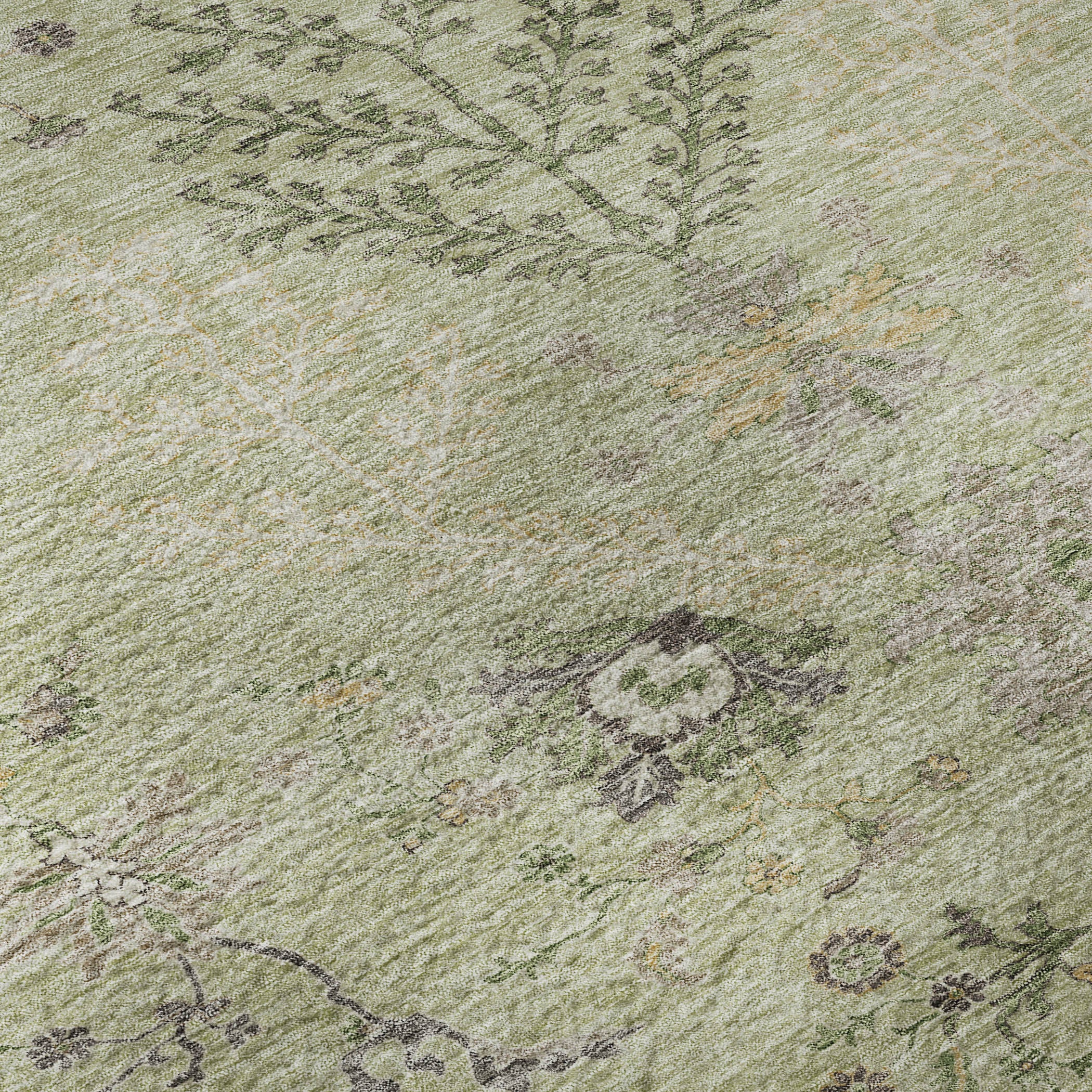 10' X 14' Artichoke Green Gold And Beige Floral Washable Area Rug With UV Protection - Home & Garden