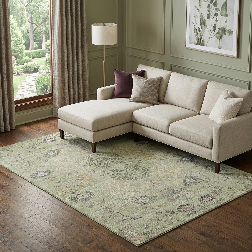 10' X 14' Artichoke Green Gold And Beige Floral Washable Area Rug With UV Protection - Home & Garden