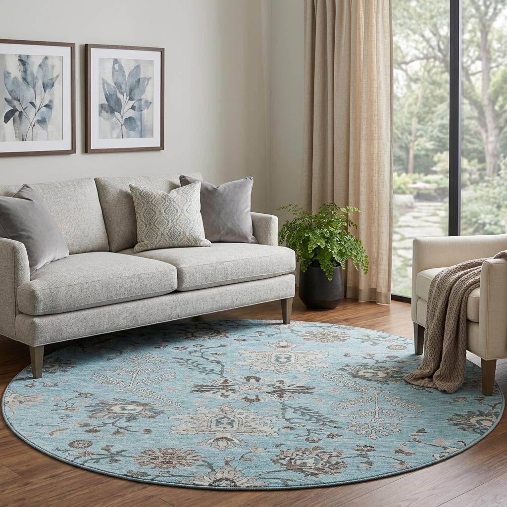 8' Sky Blue Beige And Gray Floral Washable Round Rug With UV Protection - Home & Garden