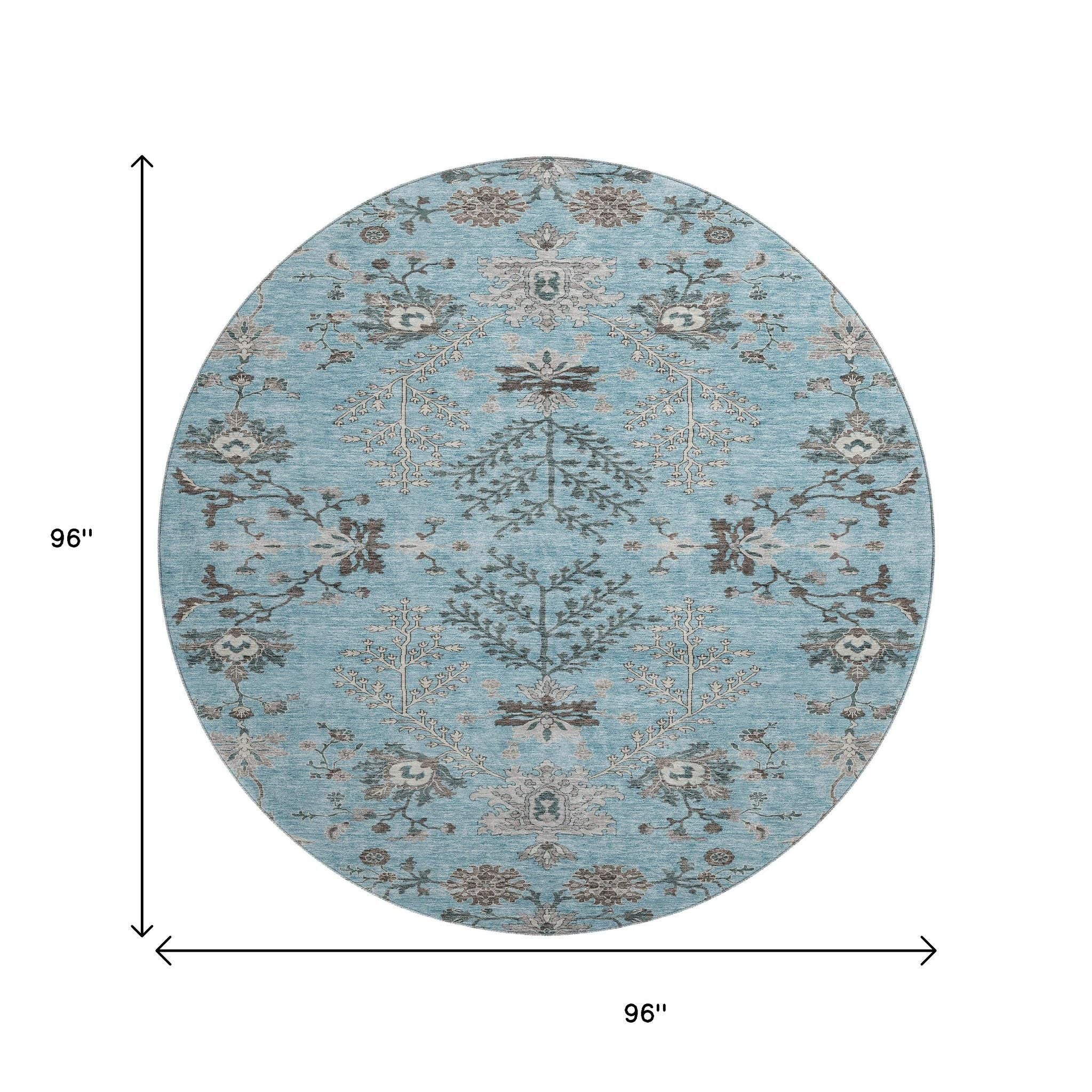 8' Sky Blue Beige And Gray Floral Washable Round Rug With UV Protection - Home & Garden