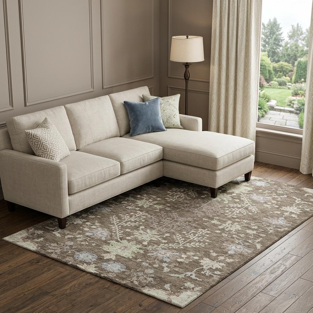 10' X 14' Brown Beige And Blue Floral Washable Area Rug With UV Protection - Home & Garden