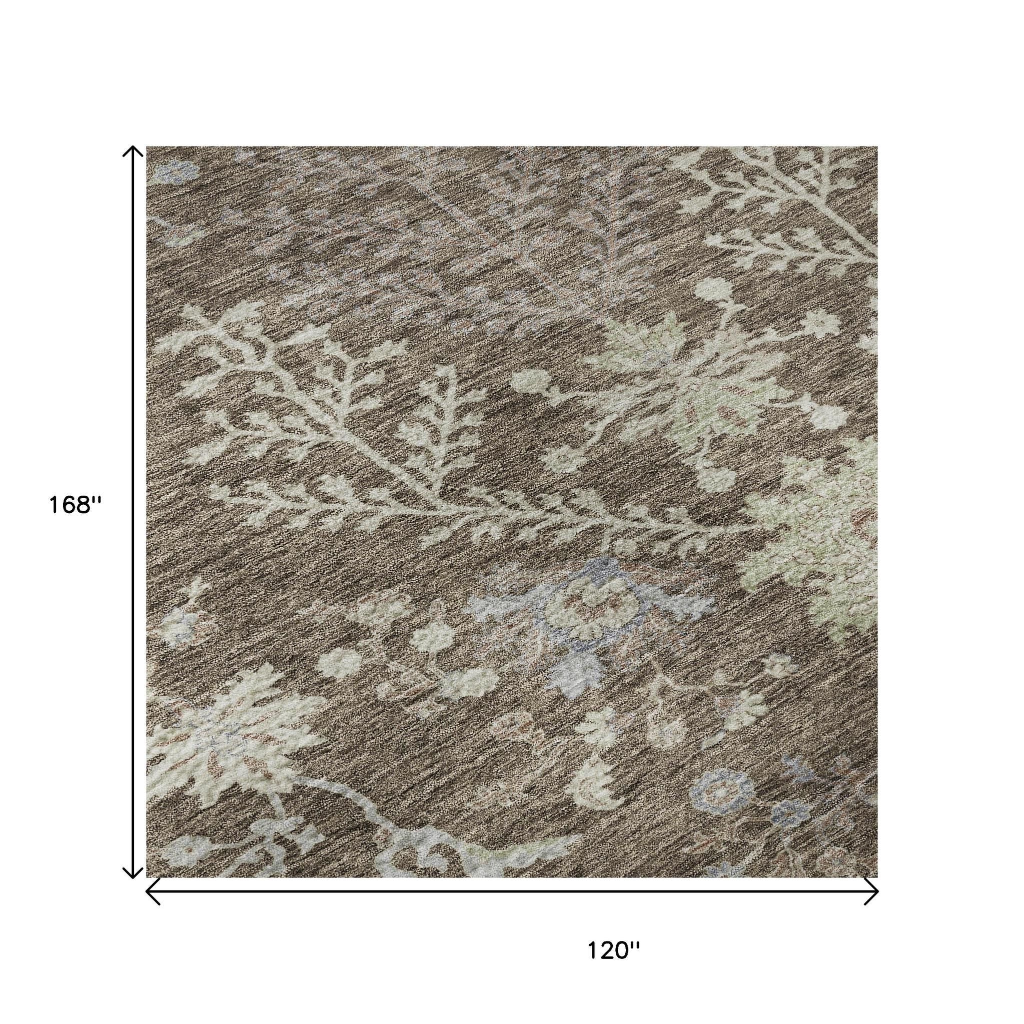 10' X 14' Brown Beige And Blue Floral Washable Area Rug With UV Protection - Home & Garden