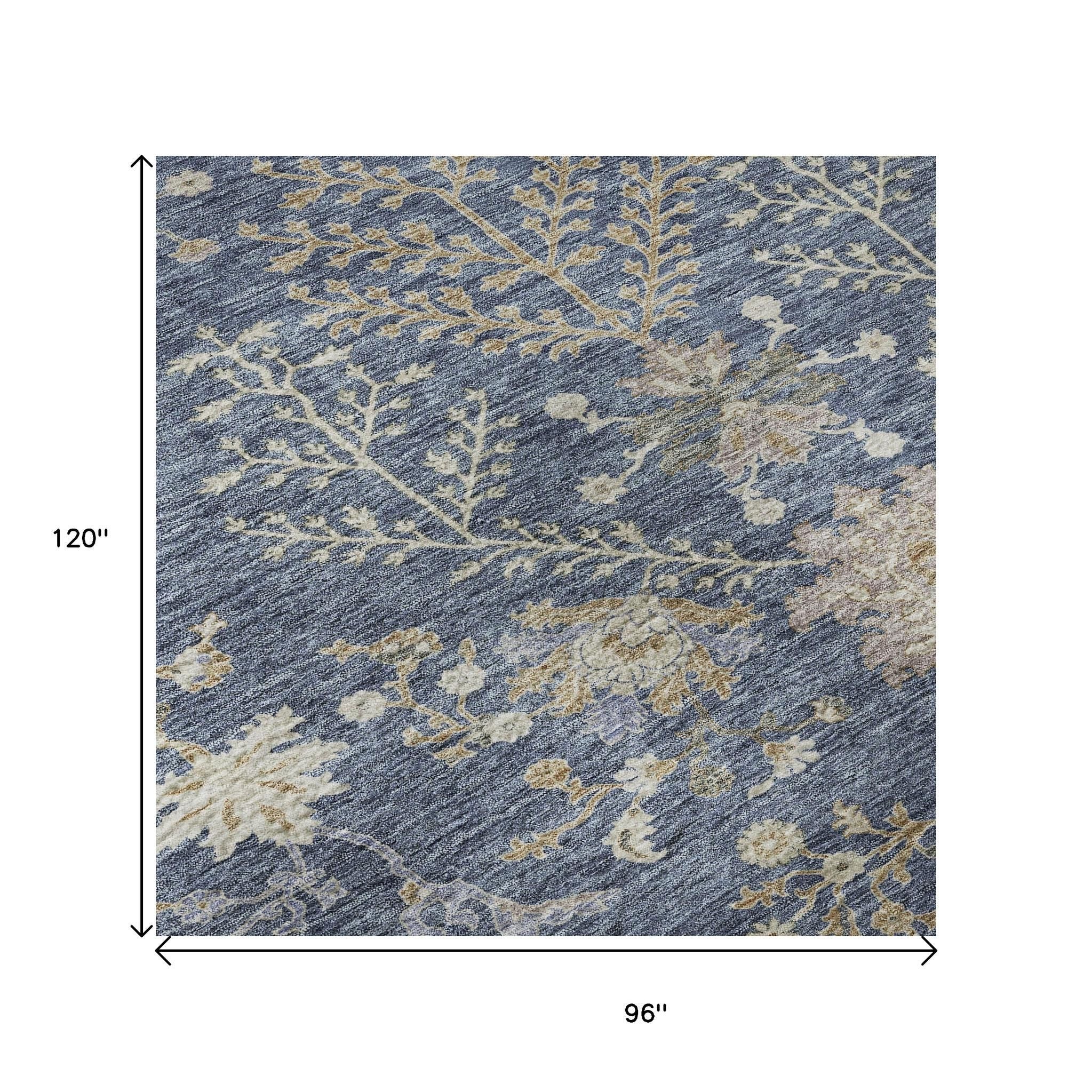 8' X 10' Blue Beige And Gray Floral Washable Area Rug With UV Protection - Home & Garden