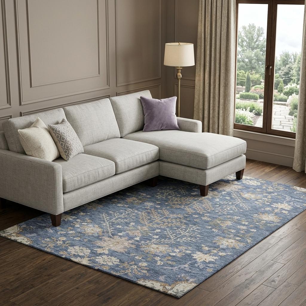 8' X 10' Blue Beige And Gray Floral Washable Area Rug With UV Protection - Home & Garden