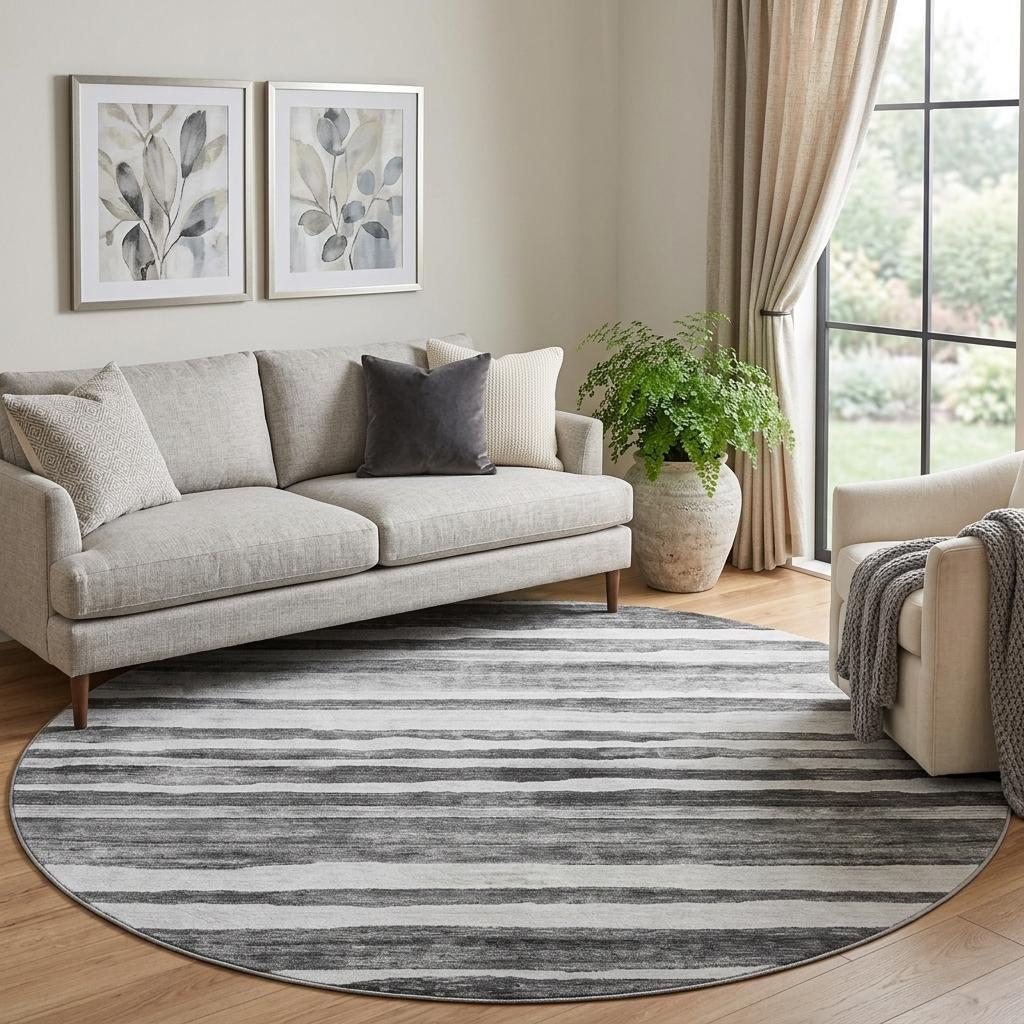 8' Charcoal And Ivory Striped Washable Round Rug With UV Protection - Home & Garden