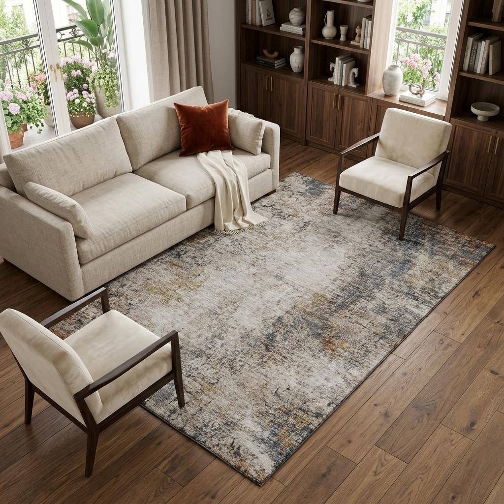 8' X 10' Beige Gray And Copper Abstract Washable Area Rug With UV Protection - Home & Garden