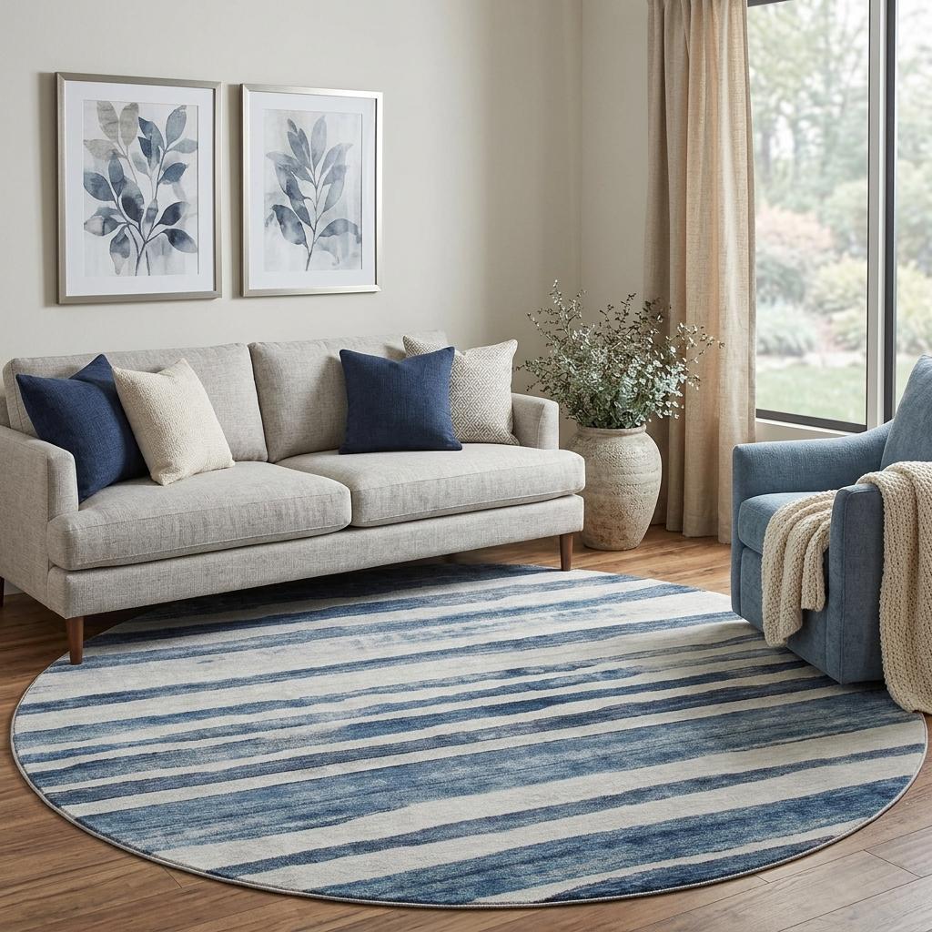 8' Denim Blue And Ivory Striped Washable Round Rug With UV Protection - Home & Garden