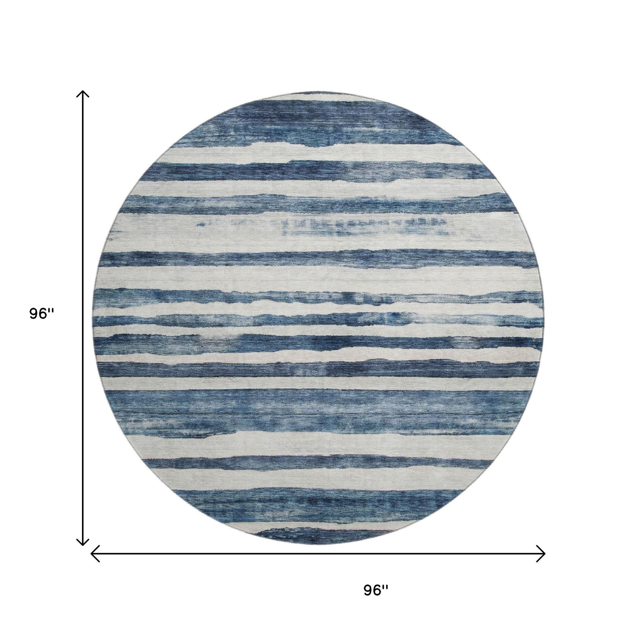 8' Denim Blue And Ivory Striped Washable Round Rug With UV Protection - Home & Garden