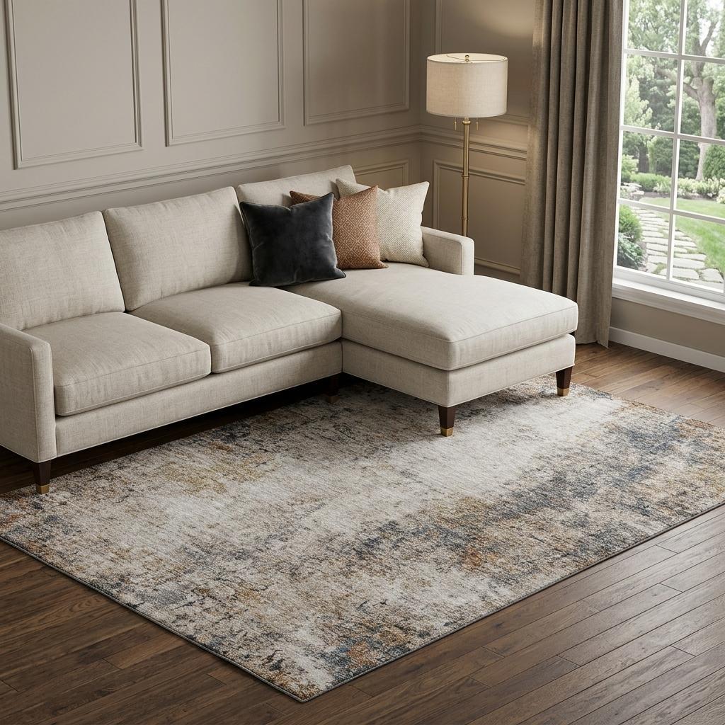 10' X 14' Beige Gray And Copper Abstract Washable Area Rug With UV Protection - Home & Garden