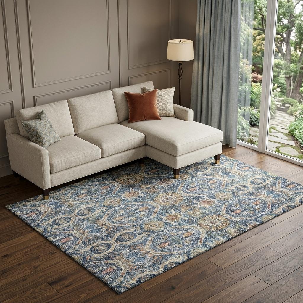 10' X 14' Denim Blue Beige And Copper Medallion Washable Area Rug With UV Protection - Home & Garden