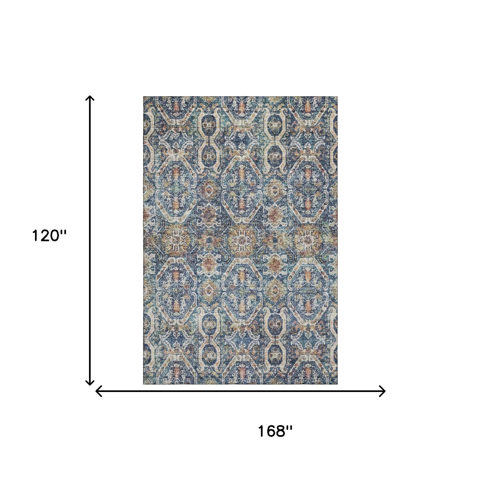 10' X 14' Denim Blue Beige And Copper Medallion Washable Area Rug With UV Protection - Home & Garden