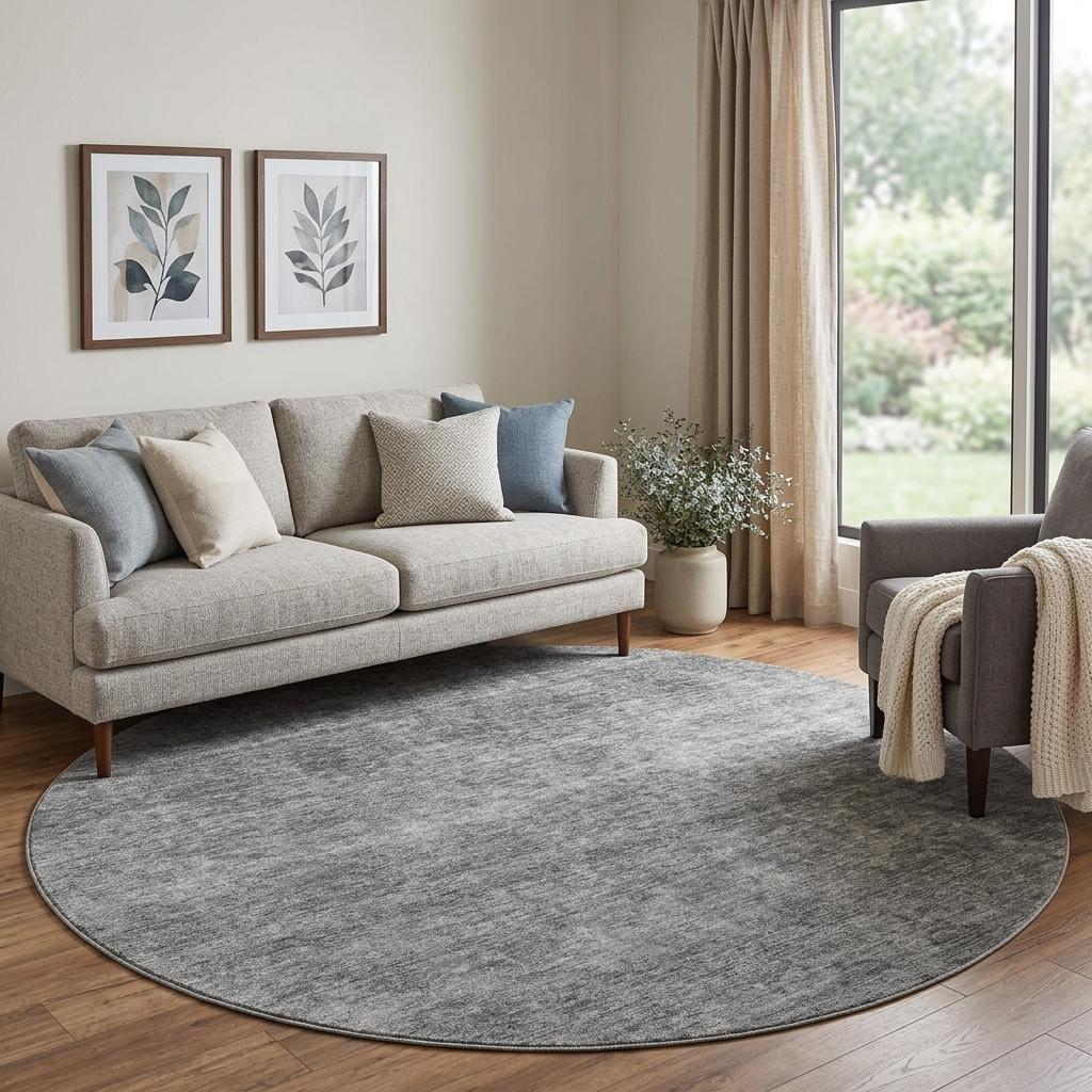 8' Gray And Silver Abstract Washable Round Rug With UV Protection - Home & Garden