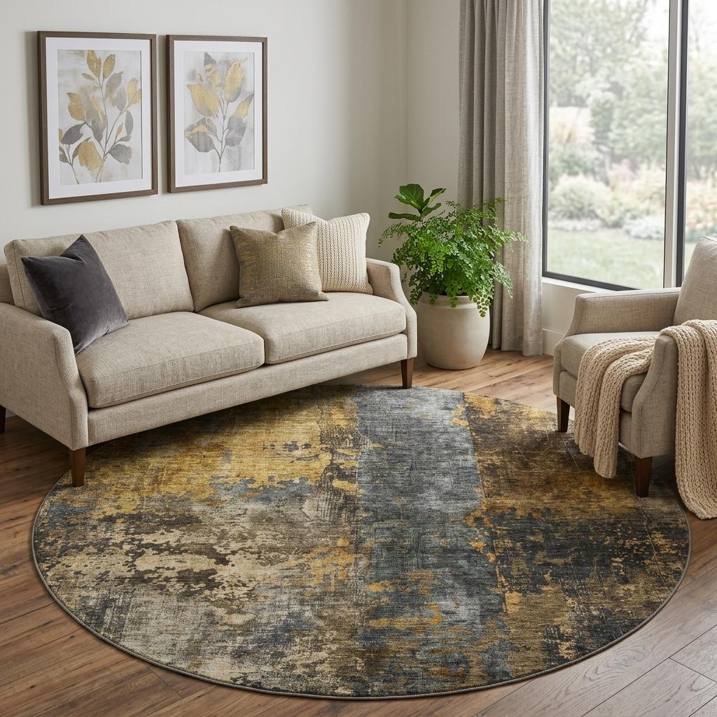 8' Gray Teal And Gold Striped Washable Round Rug With UV Protection - Home & Garden