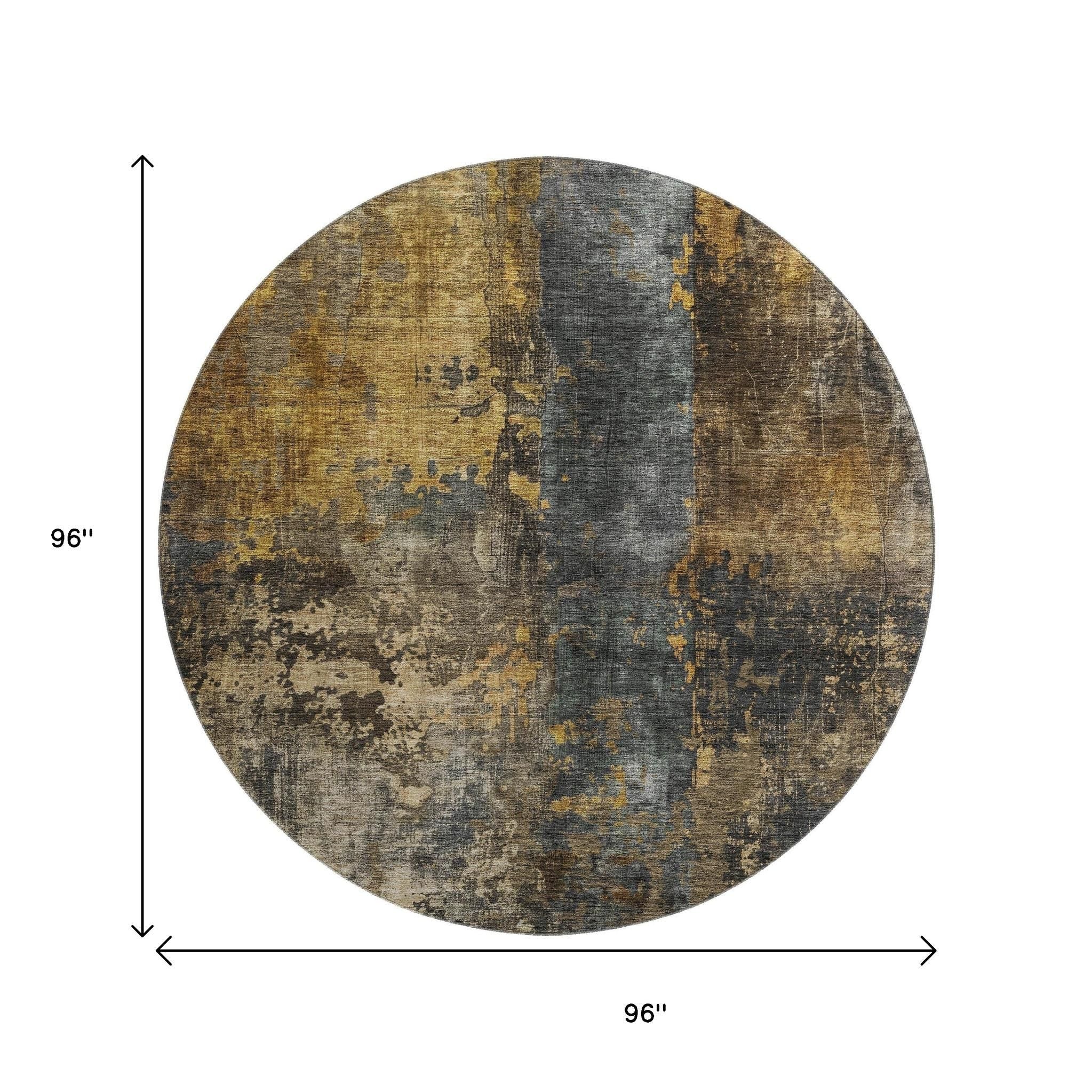 8' Gray Teal And Gold Striped Washable Round Rug With UV Protection - Home & Garden