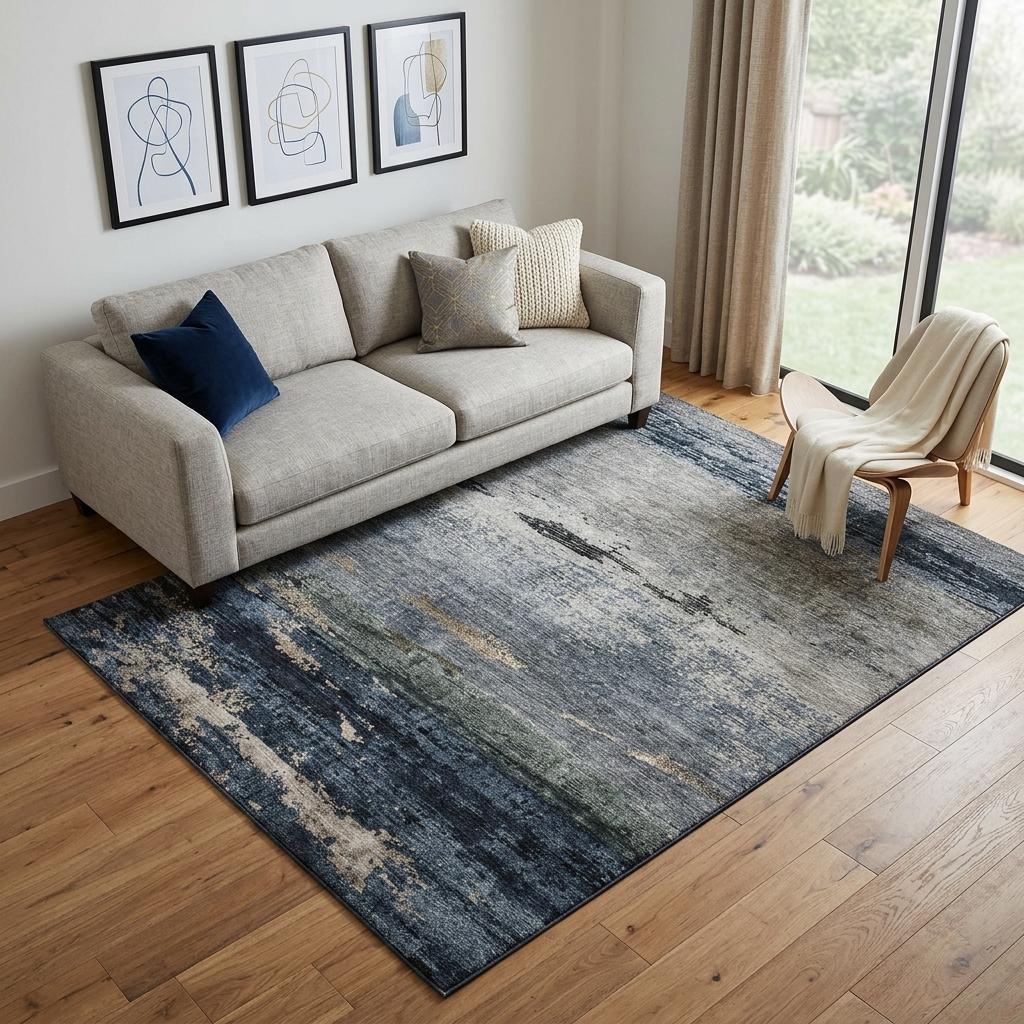 5' X 8' Navy Blue Gray And Silver Abstract Washable Area Rug With UV Protection - Home & Garden