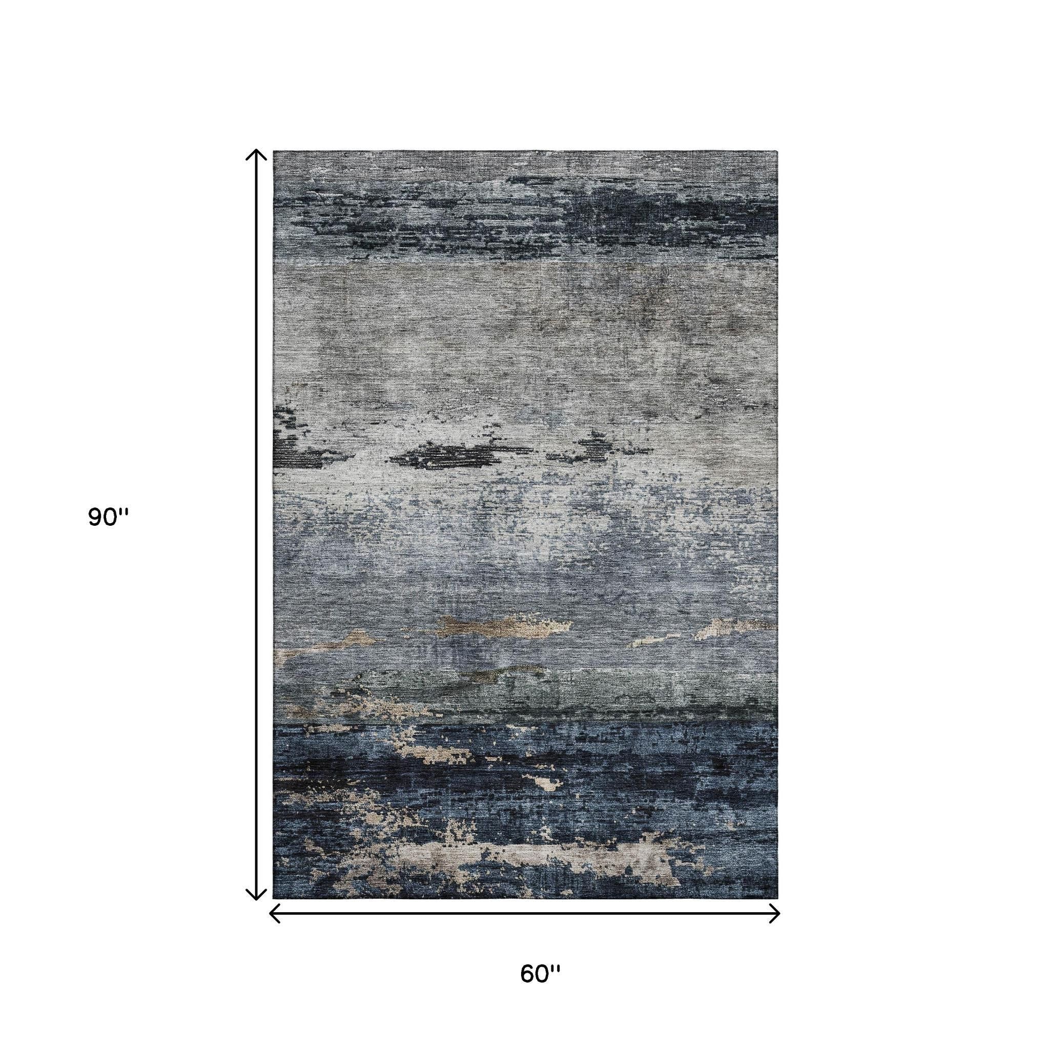 5' X 8' Navy Blue Gray And Silver Abstract Washable Area Rug With UV Protection - Home & Garden