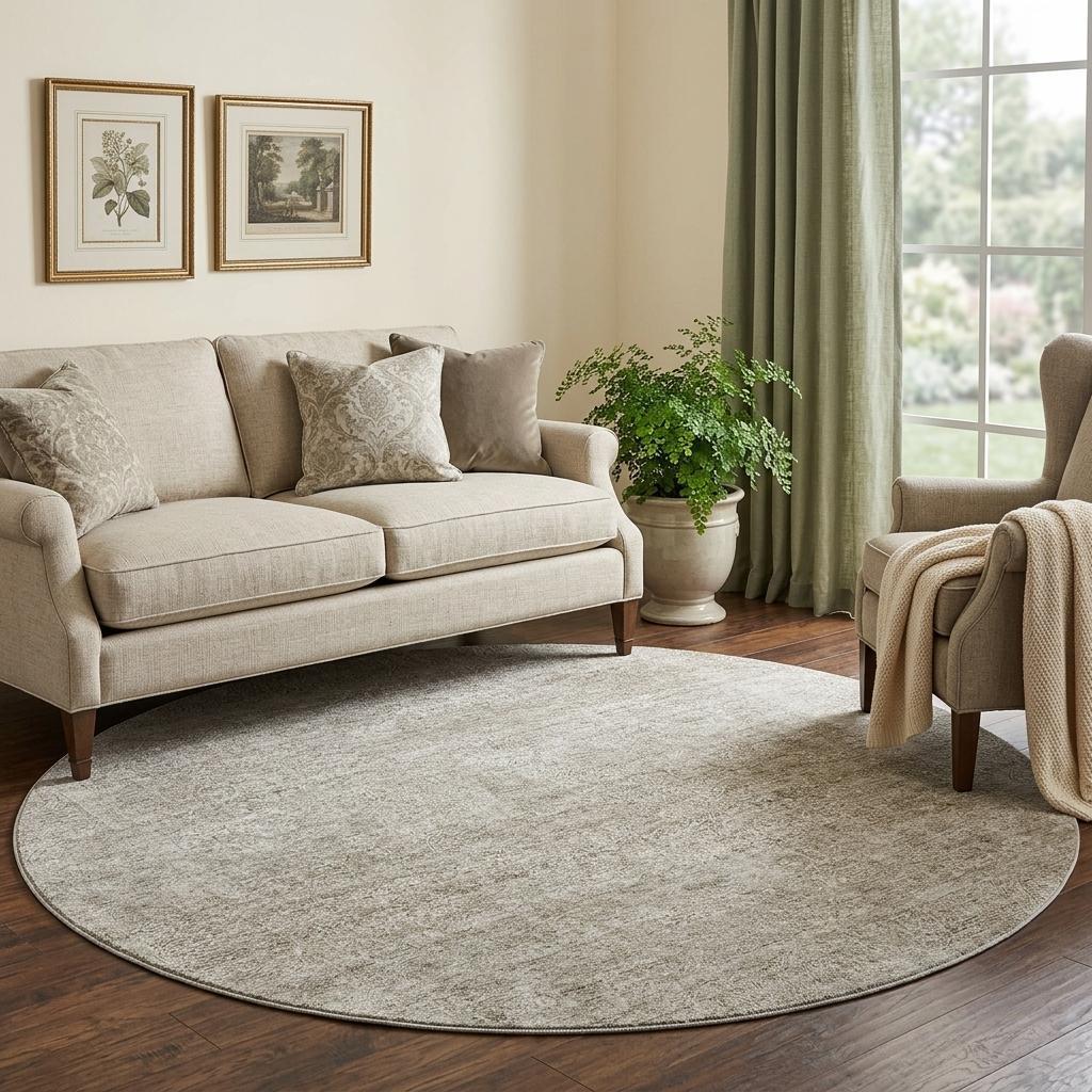 8' Linen And Ivory Abstract Washable Round Rug With UV Protection - Home & Garden