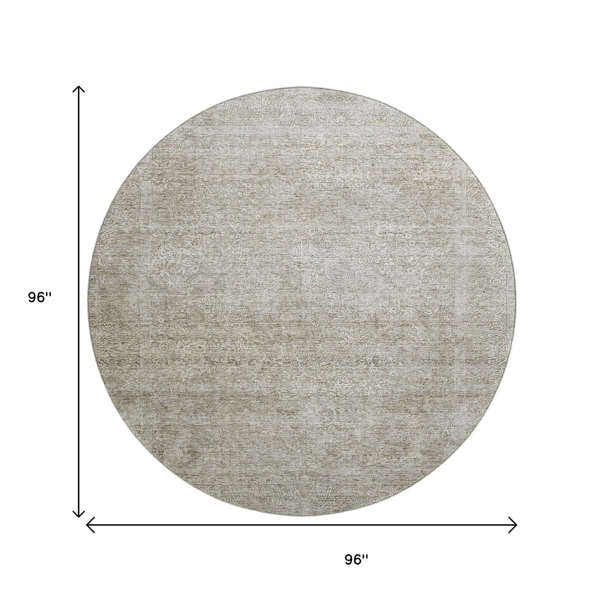 8' Linen And Ivory Abstract Washable Round Rug With UV Protection - Home & Garden