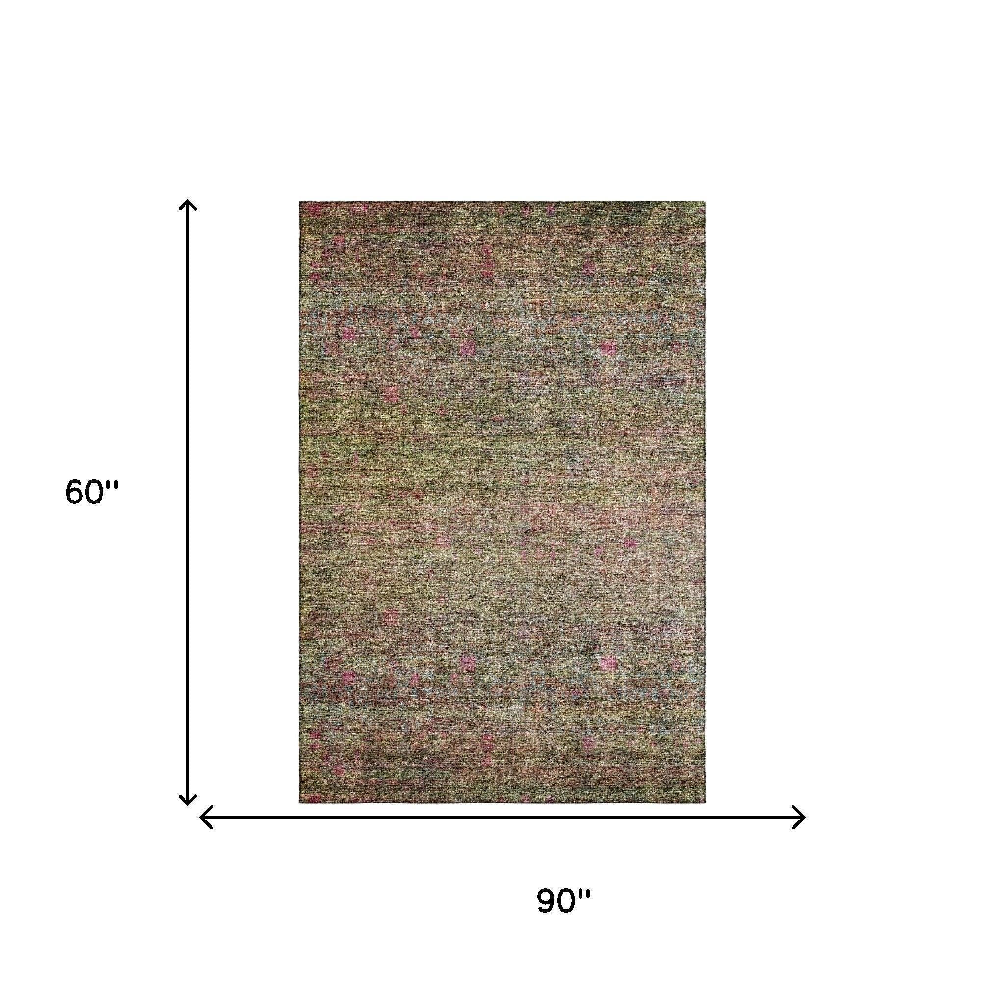 5' X 8' Artichoke Green And Pink Abstract Washable Area Rug With UV Protection - Home & Garden