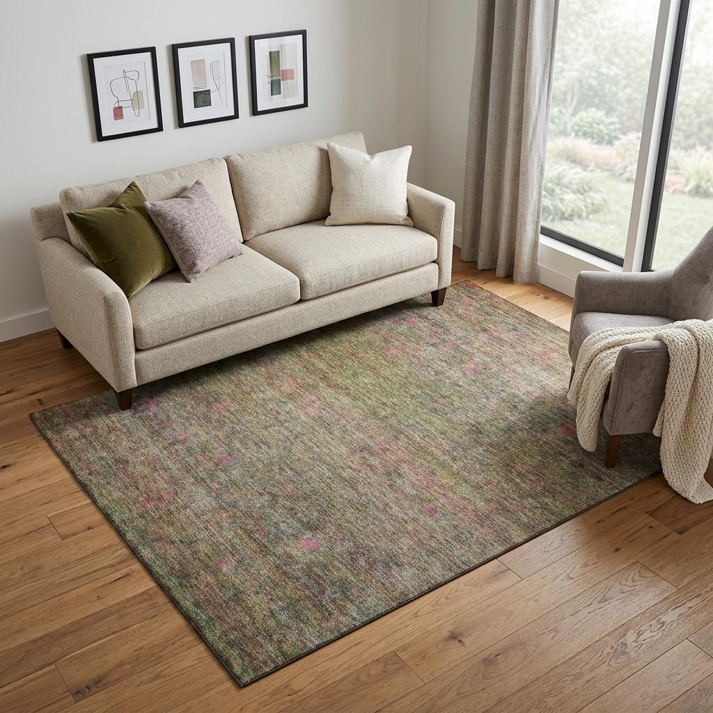 5' X 8' Artichoke Green And Pink Abstract Washable Area Rug With UV Protection - Home & Garden
