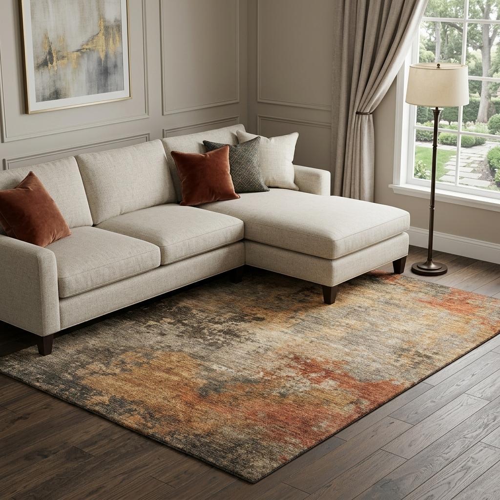 10' X 14' Khaki Red And Charcoal Abstract Washable Area Rug With UV Protection - Home & Garden