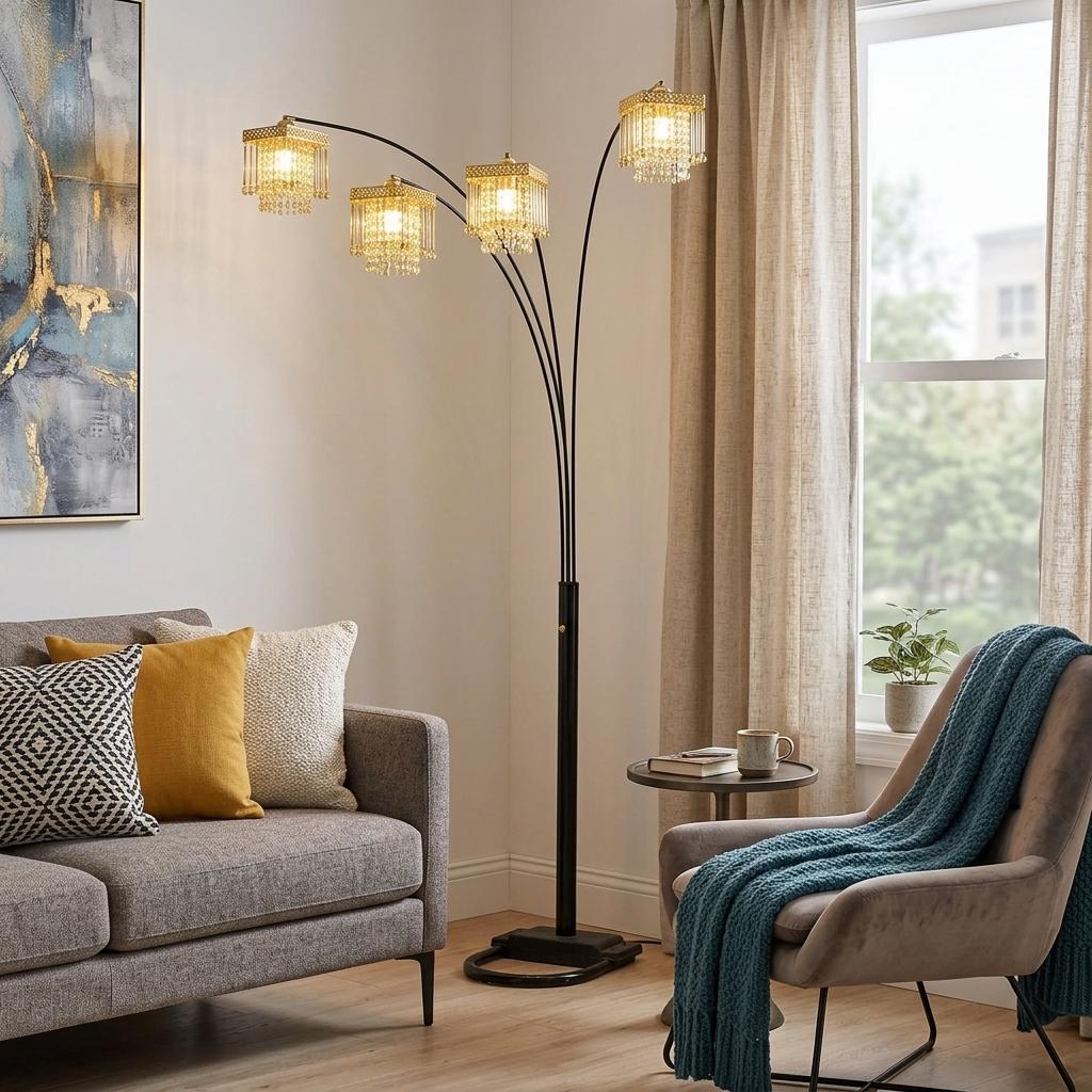 84" Black Four Light Arc Floor Lamp With Clear Crystal Glass Chandelier Shade - Lighting
