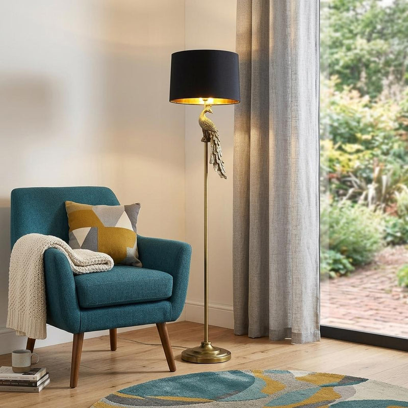65" Gold And Black Floor Lamp With Black Fabric Drum Shade - Lighting