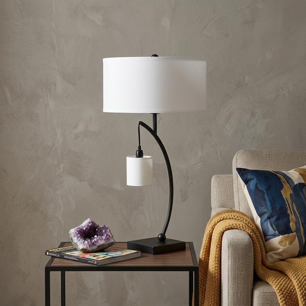 29" Black Metal Two Light Arched Table Lamp With White Drum Shade - Lighting