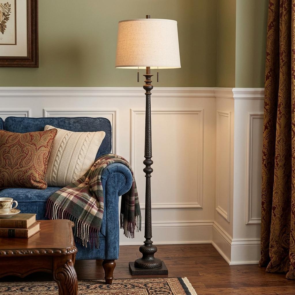 63" Rust Two Light Floor Lamp With Beige Fabric Square Shade - Lighting