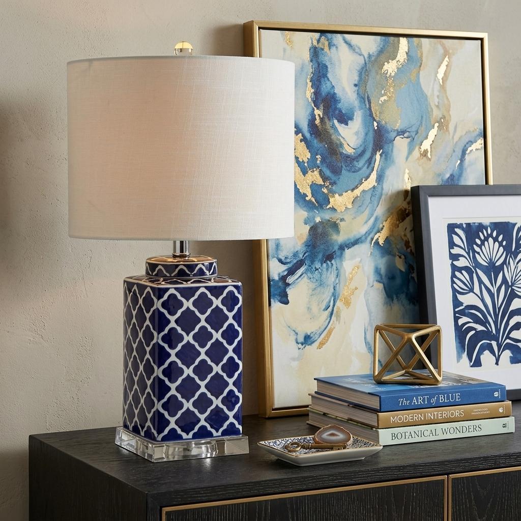 23" Clear Navy Blue And White Geometric Table Lamp With Drum Shade - Lighting