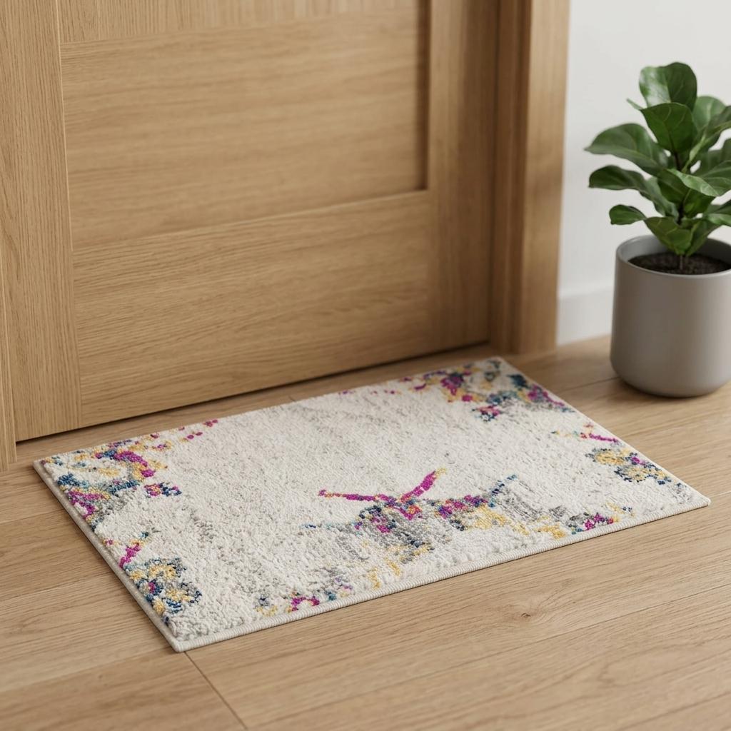 Colorful floral indoor rug with a plush, soft texture, featuring shades of cream, pink, and blue, ideal for entryways.