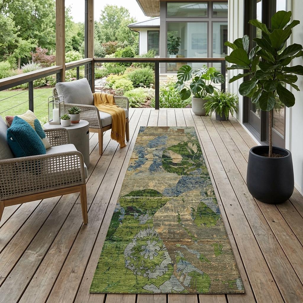 8' Runner Taupe Blue and Green Floral Washable Non Skid Indoor Outdoor Runner Rug - Sports & Outdoor
