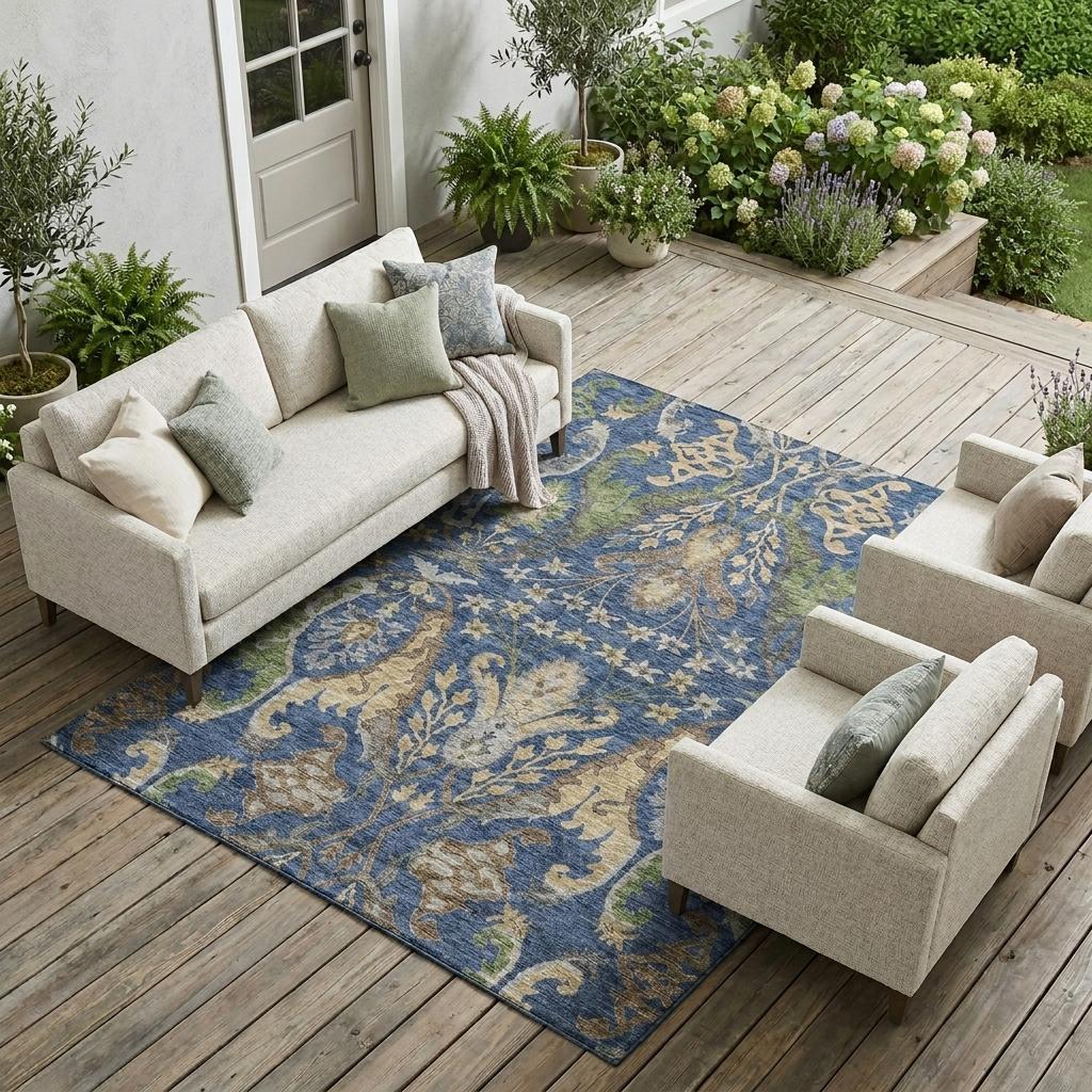 10' X 14' Navy Blue Green And Brown Floral Washable Indoor Outdoor Area Rug - Sports & Outdoor