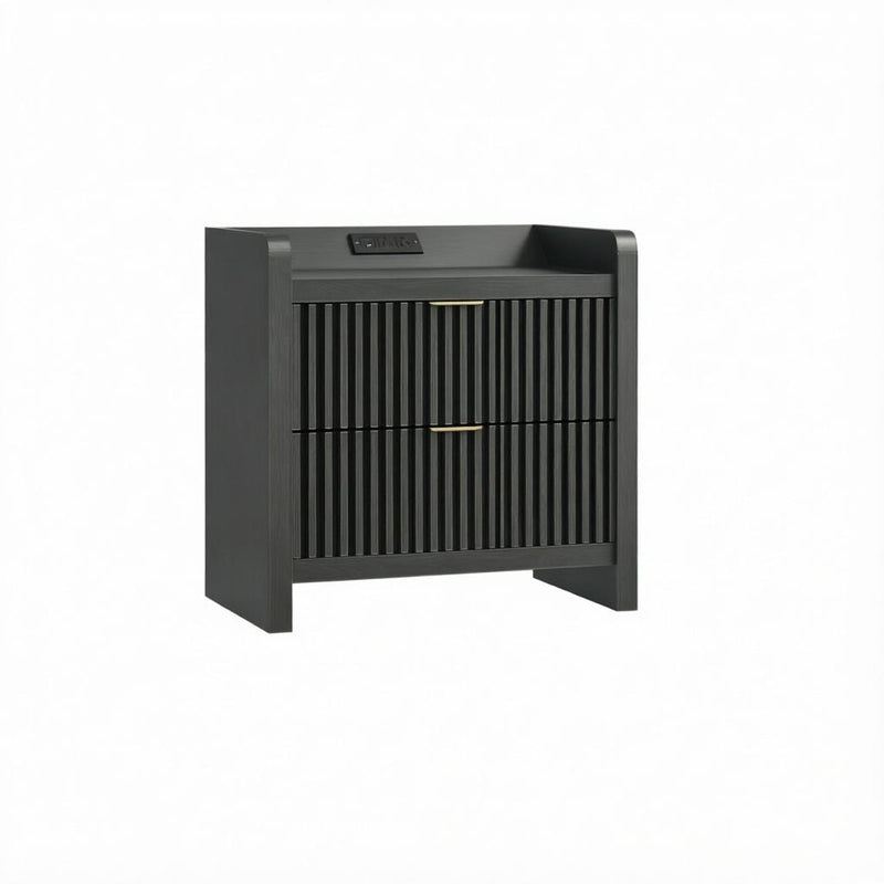 Black nightstand with ribbed cabinet doors and drawer, gold handle, top USB panel