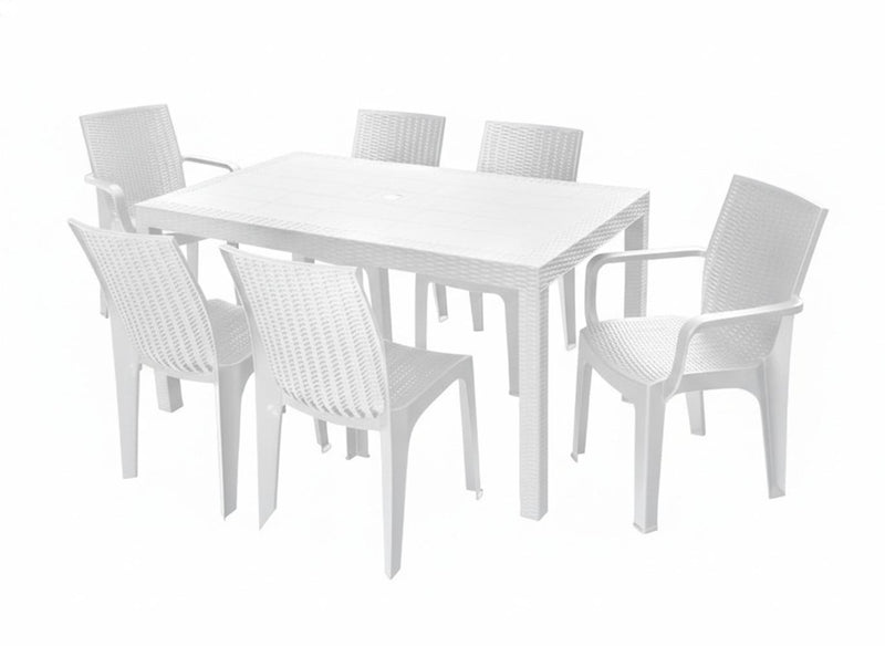 White plastic outdoor dining table with four chairs, woven-texture seats and backs