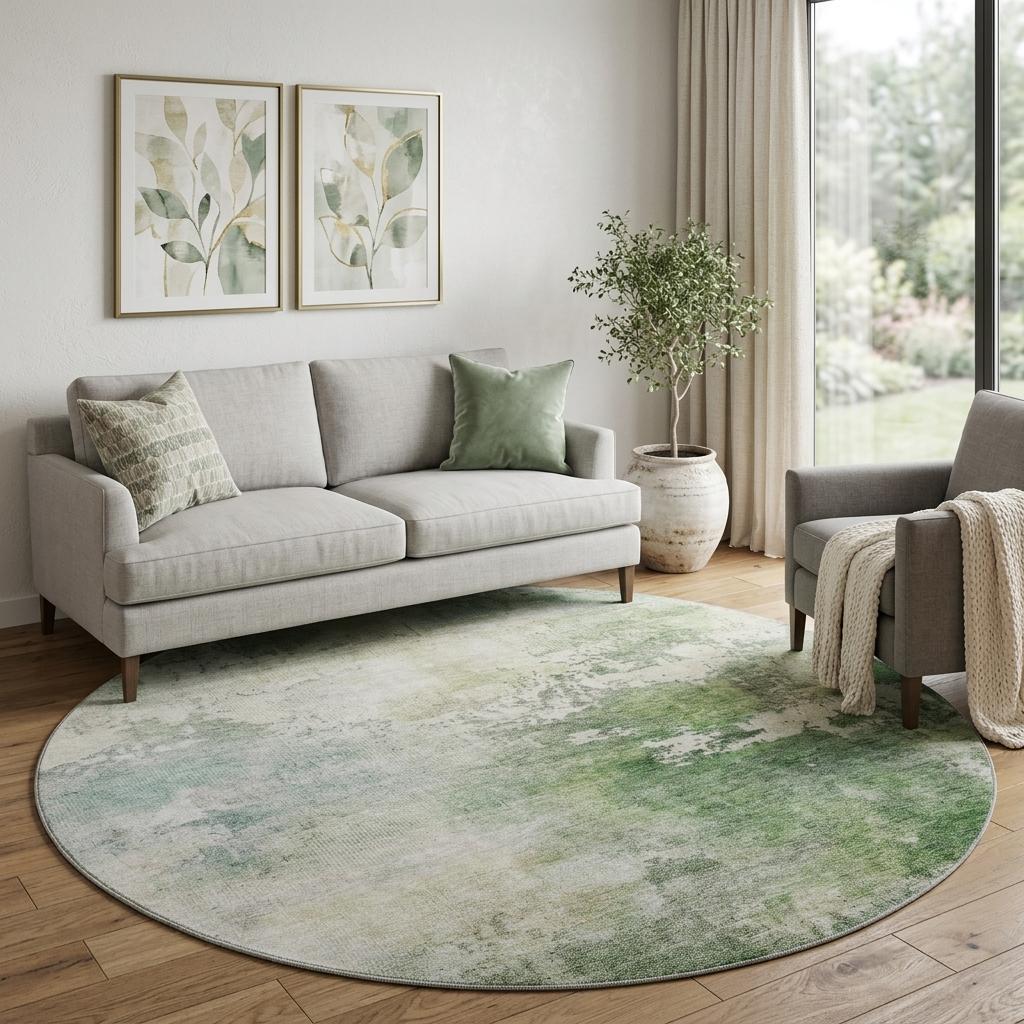 8' Artichoke Green And Beige Abstract Washable Round Rug With UV Protection - Home & Garden