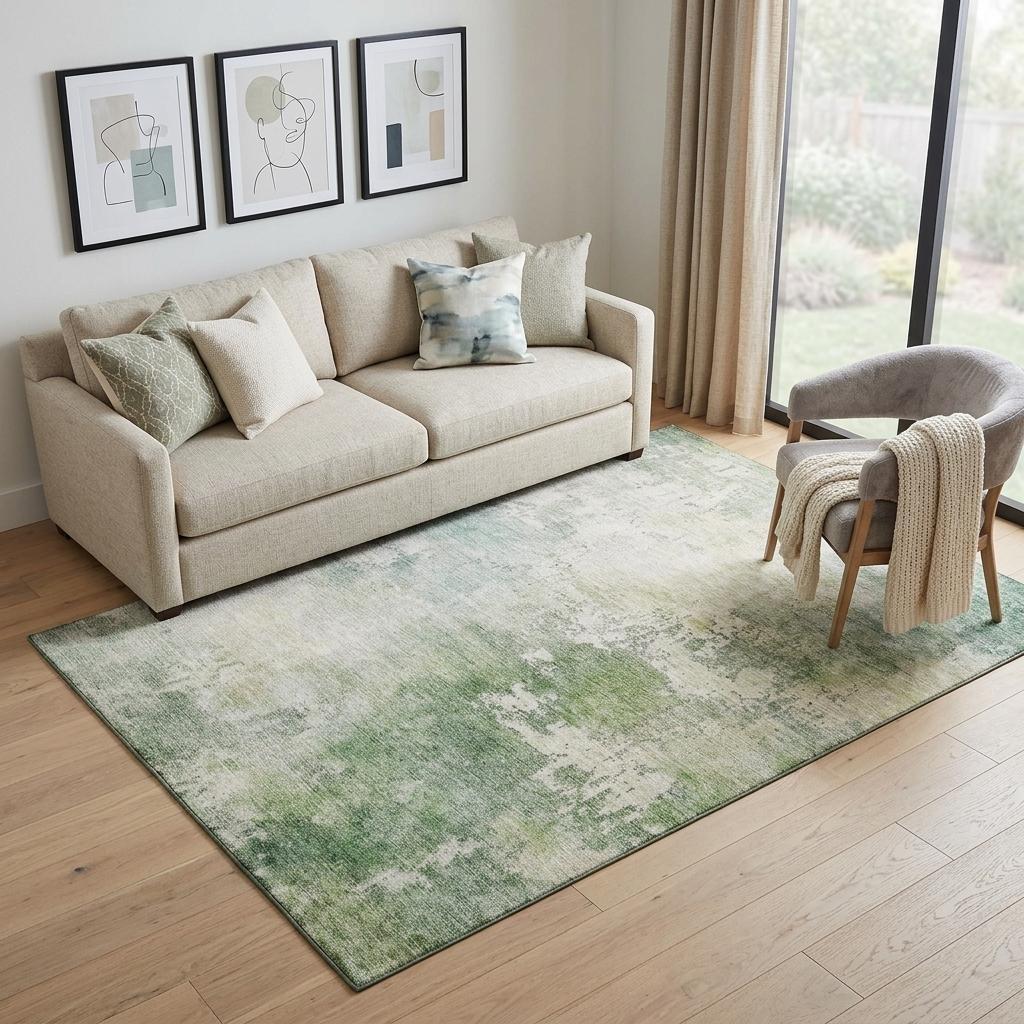 5' X 8' Artichoke Green And Beige Abstract Washable Area Rug With UV Protection - Home & Garden
