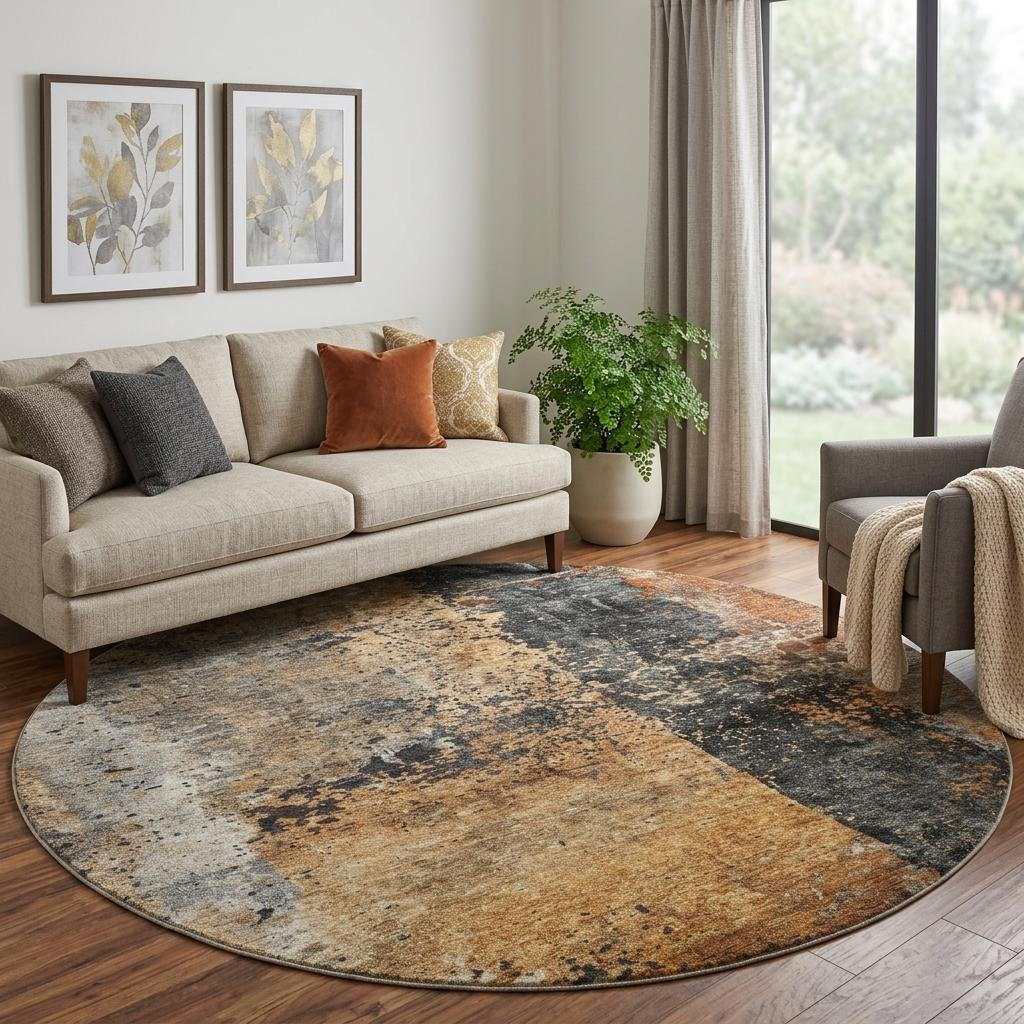 8' Copper Beige And Gray Abstract Washable Round Rug With UV Protection - Home & Garden