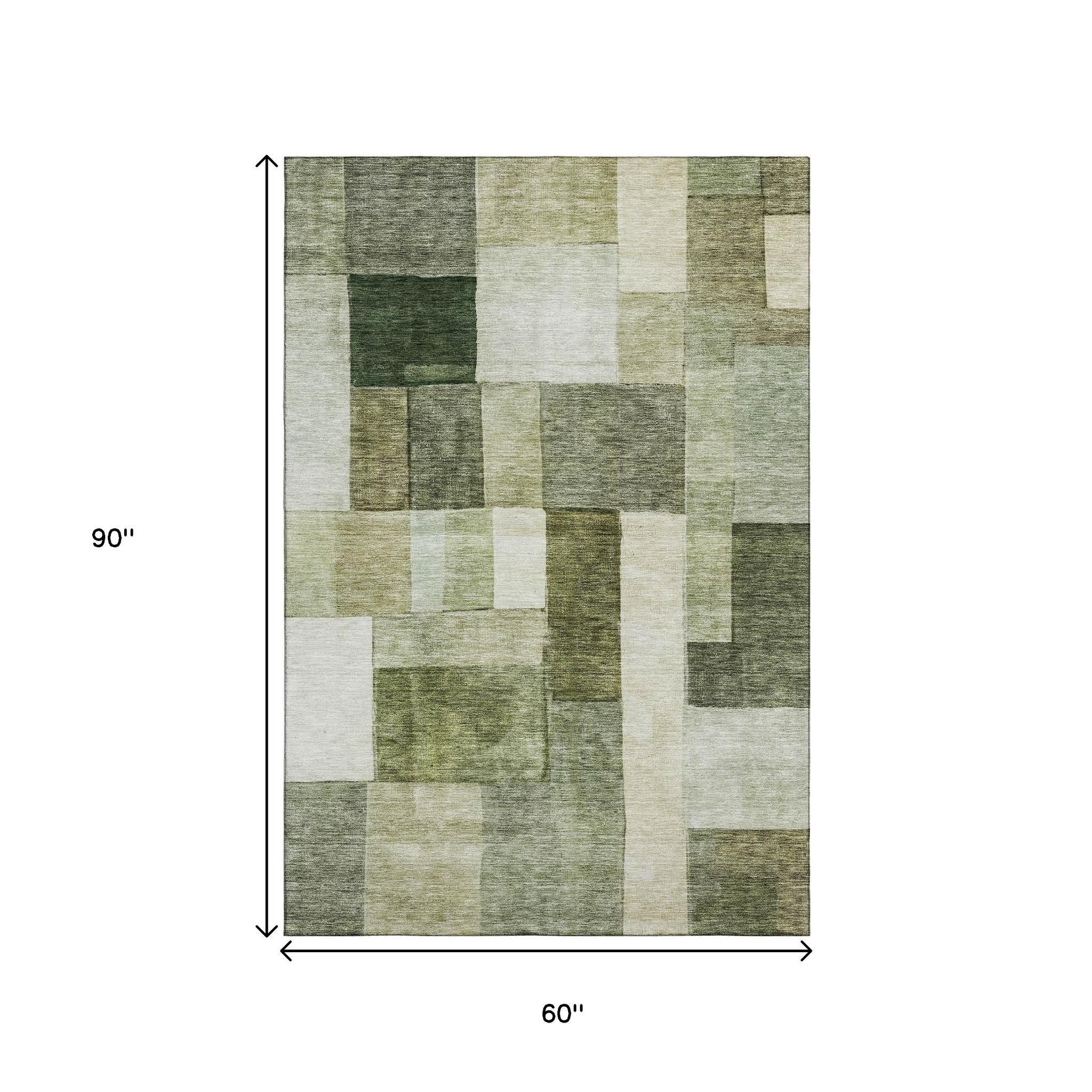 5' X 8' Sage Beige And Gray Geometric Washable Area Rug With UV Protection - Home & Garden
