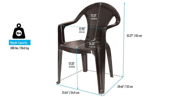 Set of four espresso textured dark-brown plastic outdoor stacking arm chairs