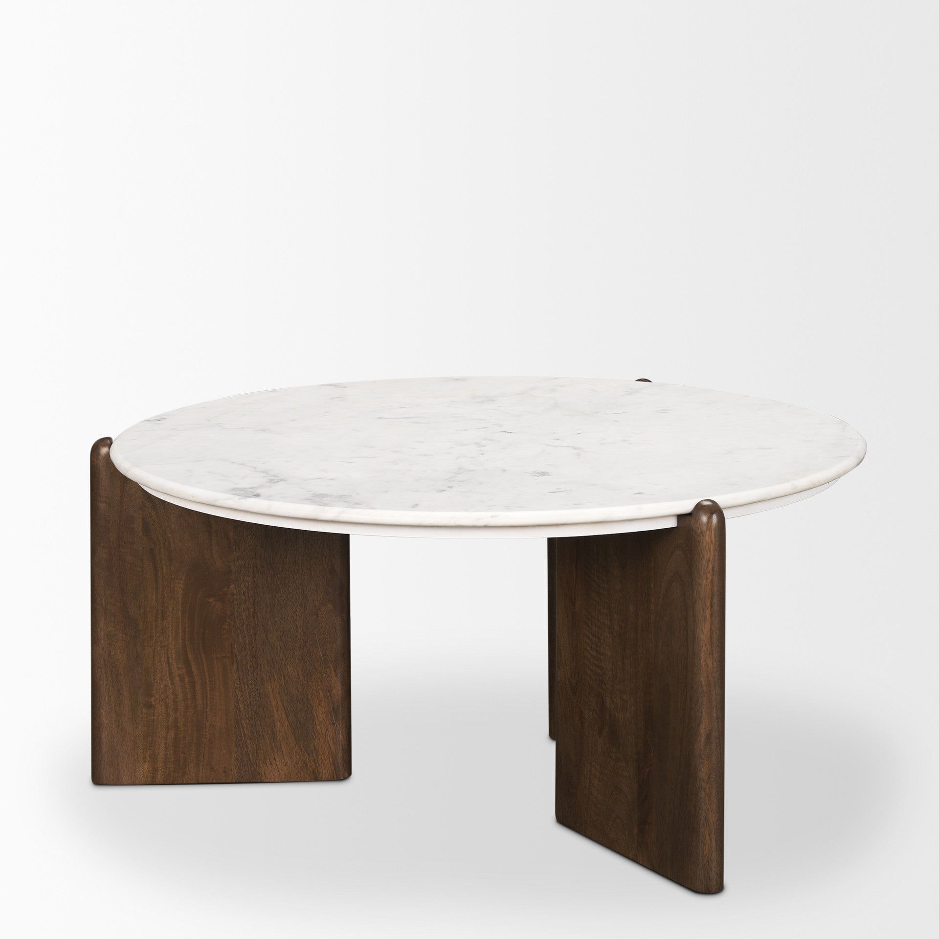 Round coffee table with white marble-look top and dark brown solid wood legs