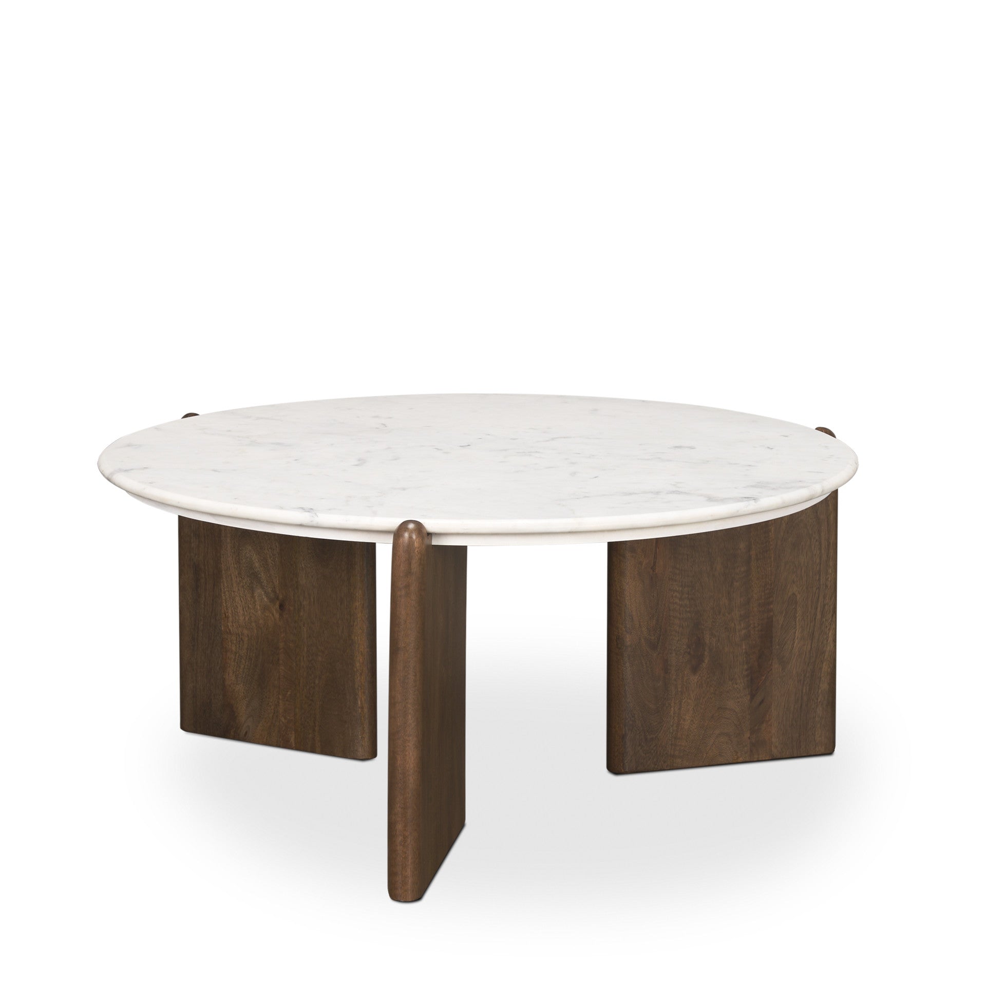 Round coffee table with white marble-look top and dark brown wood legs