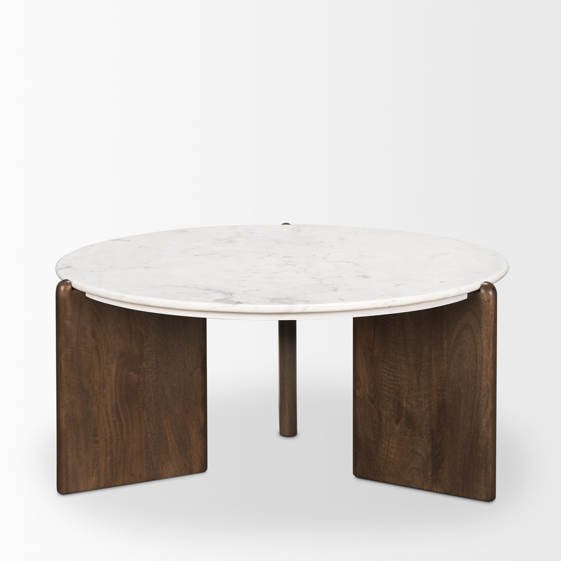 Round coffee table with white marble-look top and dark brown wood base panels