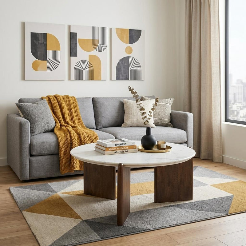 Round marble coffee table with dark brown wood base in living room setting
